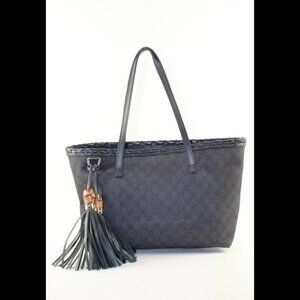 Gucci Black Monogram Denim Bamboo Fringe Tassel Tote 2GK1214K